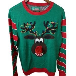 Ugly Christmas Sweater Reindeer Rudolph Lights Candy Cane Back Mens Large